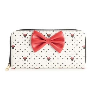 🆕 Disney Minnie Mouse Polka Dot Red Bow Appliqué Full Zip Wallet  Gold Hardware
